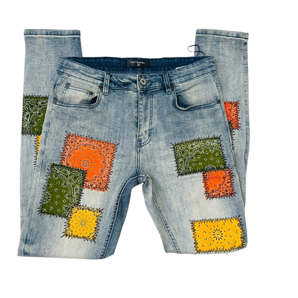 Serenede Men’s  Patchwork Bandana Light Wash Skinny Jeans Distressed Denim 34